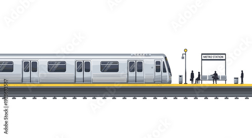 A long silver metro train rests at a station platform where several dark silhouettes of passengers wait near a bench and a directional sign.