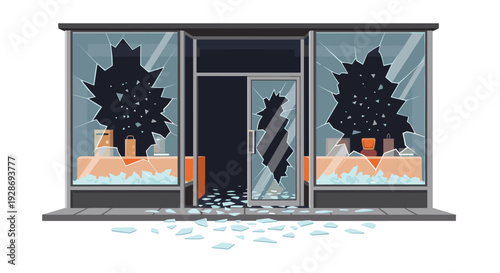 A dark storefront with two large shattered windows and a broken glass door displays piles of sharp fragments on the sidewalk in front of orange counters.