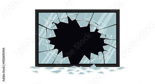 A single window frame with a large central hole and jagged glass edges sits above a collection of scattered shards against a stark white background.