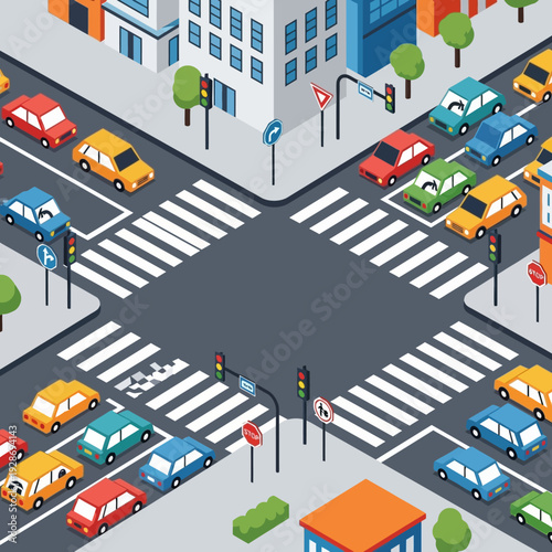 Busy City Intersection with Traffic Jam and Cars