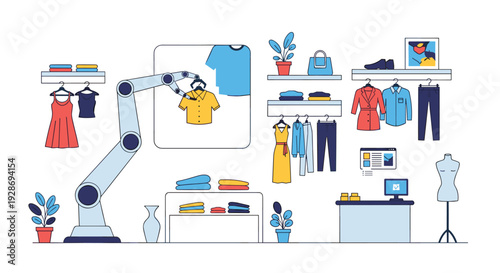 A large light blue industrial robotic arm reaches to grab a yellow shirt from a display in a modern clothing store with organized shelves.