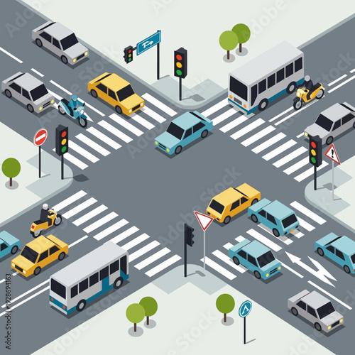 Busy City Intersection with Traffic Jam, Cars, Buses, and Motorbikes