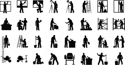 Construction and home renovation worker silhouettes set with painters, builders and maintenance professionals isolated on white background for industry design