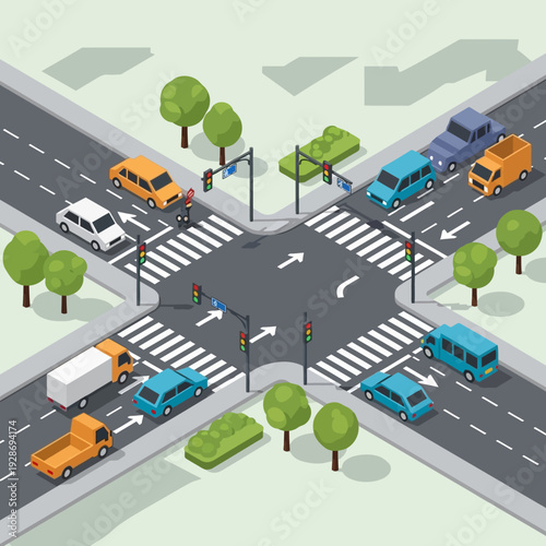 Busy City Intersection with Traffic Lights and Cars, Isometric View