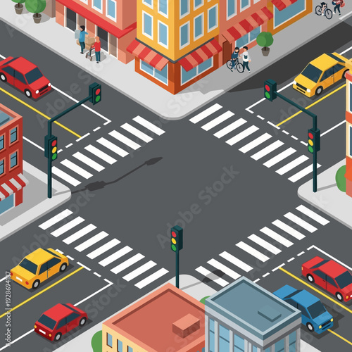 Busy City Intersection with Traffic Lights, Cars, and Pedestrian Crossings