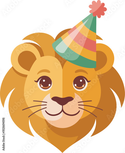 Cute Lion Face Wearing Party Hat Celebrating Birtay Vector Illustration Children's Theme