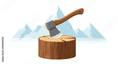 A sharp metal axe with a wooden handle is wedged into a brown tree stump in front of several blue snow capped mountain peaks.