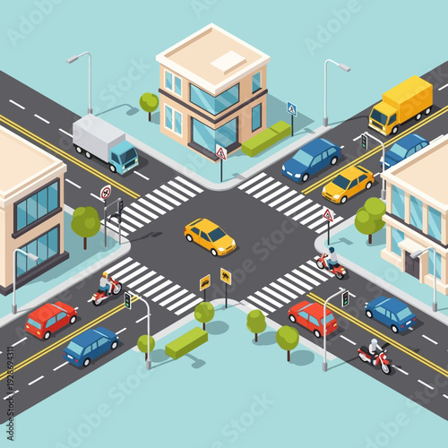 Busy city intersection with cars, trucks, and motorcycles in isometric view