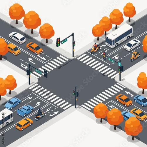 Busy City Intersection with Traffic and Autumn Trees
