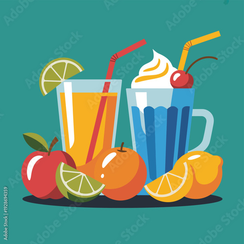Refreshing fruit juices and a creamy beverage with fruit garnishes.