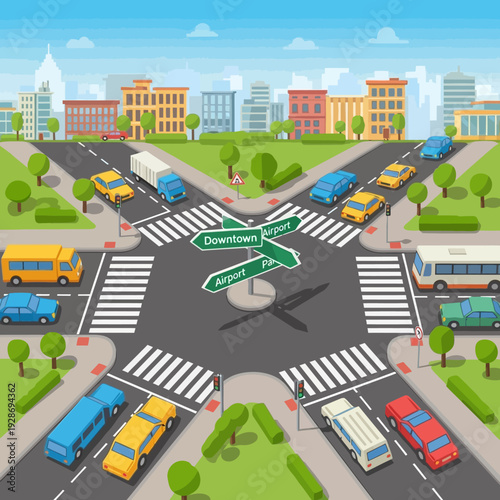 Busy City Intersection with Traffic and Direction Signs