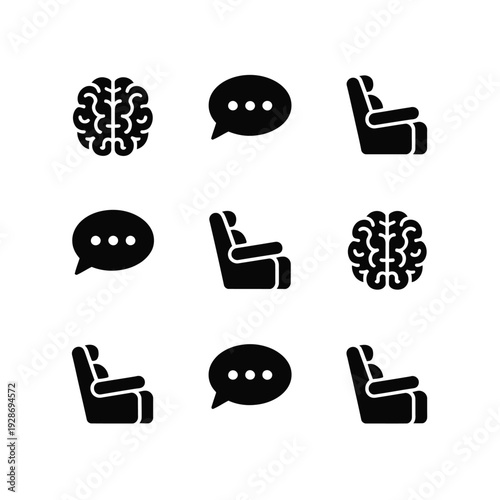 Icons represent therapy, communication, and the human brain for mental health concepts.