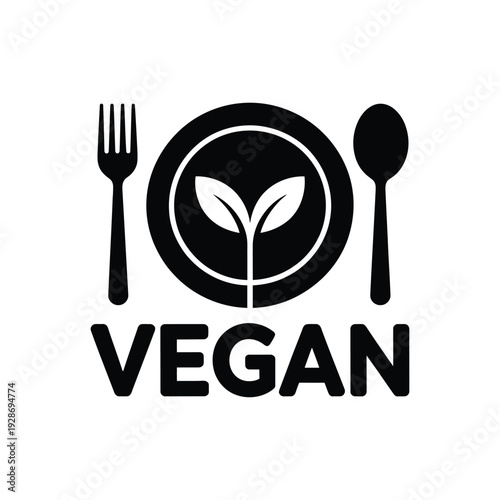 Vegan food symbol with fork, spoon, and plate icon.