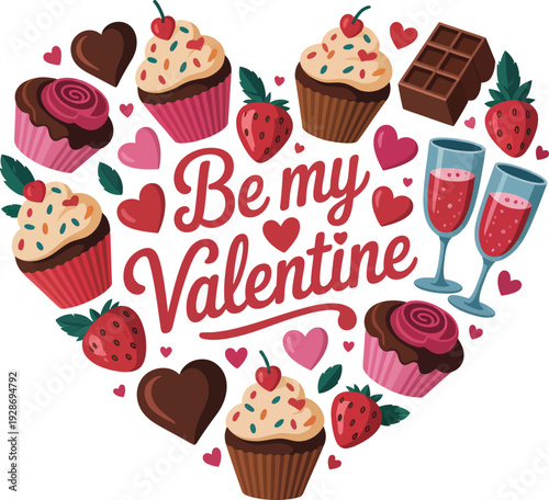 Valentine's Day Heart Shape with Sweets and Drinks Vector Illustration