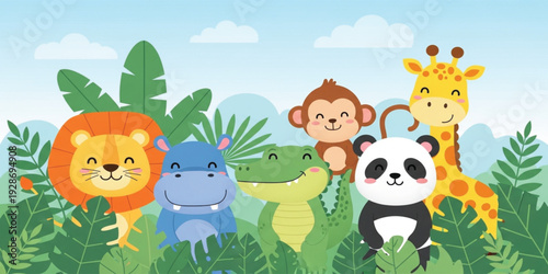 Cute Jungle Animals Cartoon Illustration with Lion Giraffe Panda Monkey Crocodile and Hippo for Kids Education, Nursery Design and Wildlife Background