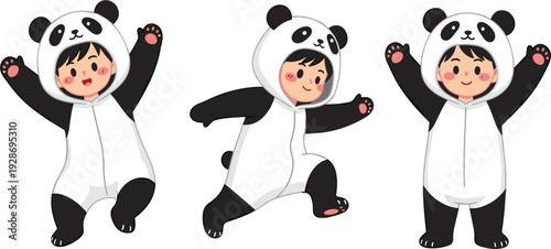 Cute Kids Wearing Panda Costume Cartoon Character Set with Happy Children in Animal Onesie Outfit for Nursery Birthday and Playful Design