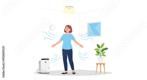 A woman stands with her arms open in a room while an air purifier and an open window circulate fresh air around her and a potted plant.