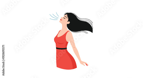 A woman in a red dress with long black hair blowing in the wind closes her eyes and breathes in a fresh breeze against a white background.