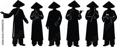 Asian monk silhouettes collection, traditional conical hats and robes in standing poses, black and white flat vector illustration for culture religion concept