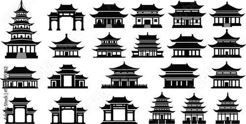 Asian temple and pagoda silhouettes collection isolated on white background, traditional Chinese and Japanese architecture icons, black cultural heritage vector illustration set