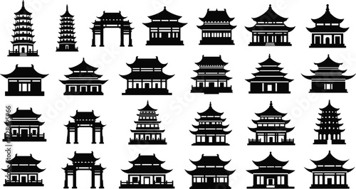 Asian traditional architecture silhouettes collection, black vector illustration of pagodas, temples, gates, and historic buildings, isolated on white background