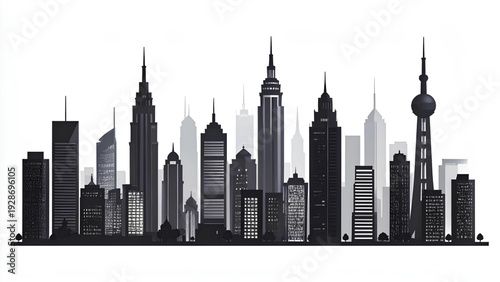 Black Silhouette City Skyline with Tall Buildings and Skyscrapers – Vector Illustration