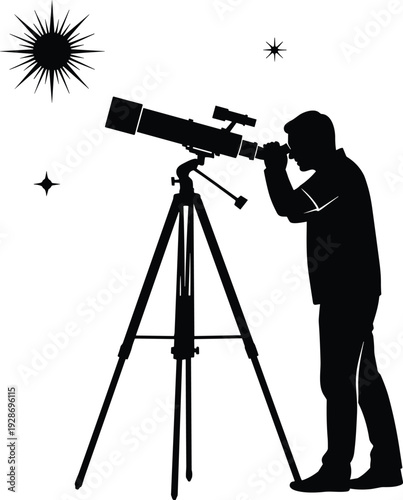 Astronomer observing stars with telescope silhouette vector illustration isolated on white background, stargazing night sky concept for astronomy, science, space exploration design