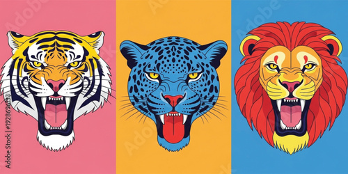 Roaring Tiger Leopard and Lion Head Illustration Set with Bold Colors for Wildlife Mascot Logos, Esports Branding and Animal Character Design