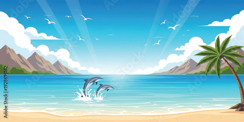 Tropical Beach Landscape with Dolphins Jumping in Ocean, Palm Tree, Mountains and Blue Sky for Summer Vacation Travel and Seaside Nature Illustration