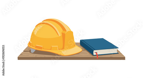A yellow safety hard hat and a blue hardcover book with a red ribbon bookmark rest on a rustic wooden board.