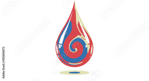 Vibrant red and blue swirl design in a teardrop shape with yellow accents on white background