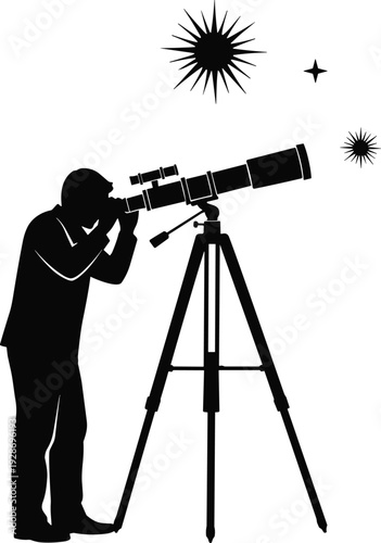 Astronomer using telescope silhouette vector illustration isolated on white background, stargazing observation concept for astronomy, space science, night sky exploration design