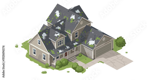 A beige suburban house with a cracked driveway features a damaged roof covered in green moss and debris in an isometric view.