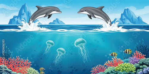Underwater Ocean Scene with Dolphins Jumping Above Sea, Jellyfish, Coral Reef and Tropical Fish for Marine Life and World Oceans Day Illustration