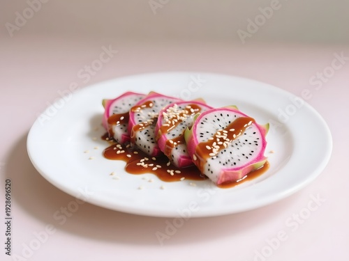Dragon Fruit with Fiery Tamarind Sauce: Minimalist white plate featuring sliced dragon fruit drizzled with thick tamarind chili sauce, sesame seeds scattered delicately, soft pastel background 