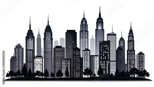 Black Silhouette City Skyline with Tall Buildings and Skyscrapers – Vector Illustration
