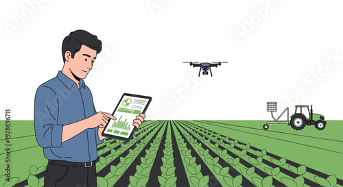 A man in a blue shirt uses a digital tablet in a green agricultural field while a drone flies overhead and a tractor works nearby.
