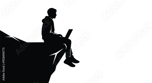 Vector graphic illustration depicting a young man intensely focused on his laptop, sitting on a jagged cliff edge, symbolizing remote digital work, innovation, and independent spirit.