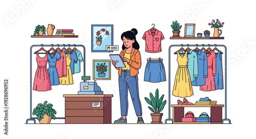A woman stands in a clothing boutique using a digital tablet surrounded by racks of colorful dresses and shelves with decorative items.