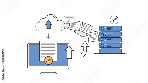 Cloud computing and data storage transfer process shows documents moving from a computer screen to a remote server rack for secure backup.