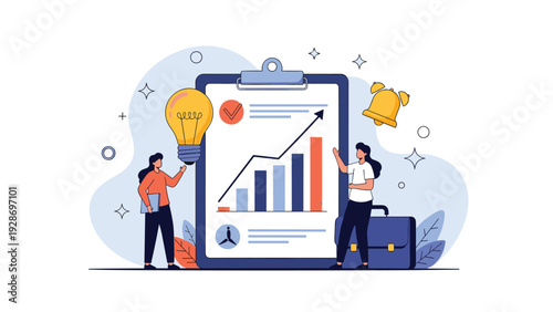 Business analytics and performance tracking are conducted by two women reviewing a growth chart on a clipboard with a lightbulb for ideas.