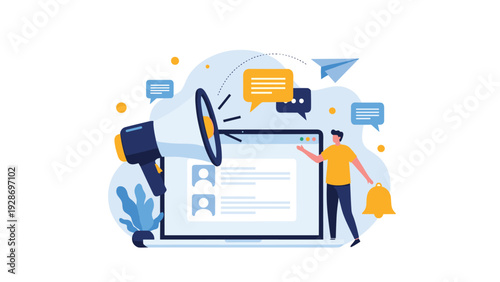Customer support and digital communication are depicted with a person standing next to a laptop with megaphone and bubbles for marketing.