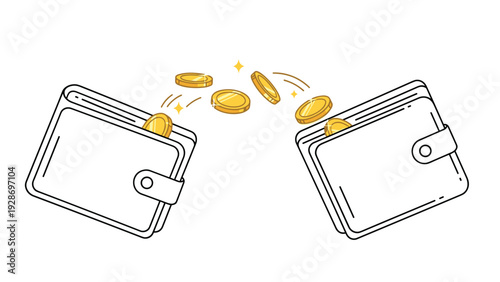 Secure money transfer between two white wallets is shown with gold coins flying through the air for digital banking and transactions.