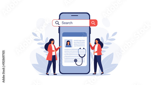 Telemedicine and online healthcare search are shown with two doctors standing by a large smartphone displaying a medical profile and tool.