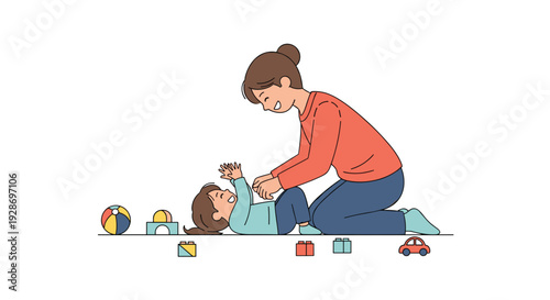 A mother wearing an orange sweater kneels on the floor while playing with her laughing toddler amidst scattered colorful toys on a white background.