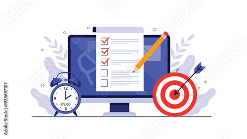Productivity and project management are visualized with a computer monitor, detailed checklist, pencil, alarm clock, and a success target.