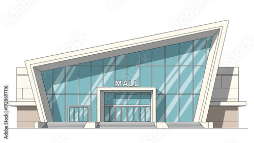 Modern shopping mall building features a contemporary architectural design with large glass windows and clean lines for a retail center.