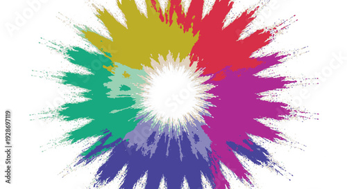 Vibrant multicolor paint splatter explosion on white background abstract colorful design element