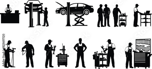 Auto mechanic silhouettes set, car repair service workers, garage maintenance team vector illustration, automotive technician with tools and vehicle lift black collection