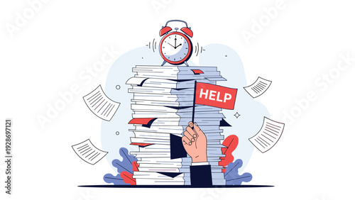 Overworked employee holds a red help flag while being buried under a massive pile of paperwork with an alarm clock ticking on top of it.
